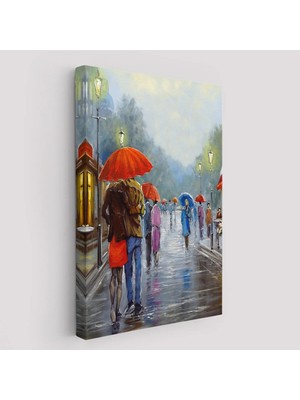 Beta Moda Hub Yağmurda Yürüyen Romantik Çift Yağlıboya Görünüm Dekoratif Kanvas Duvar Tablosu-