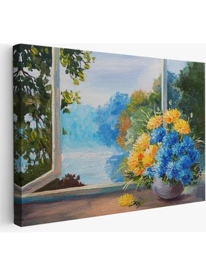 Beta Moda Hub Pencere Kenarıdaki Çiçek Buketi Kanvas Duvar Tablosu-