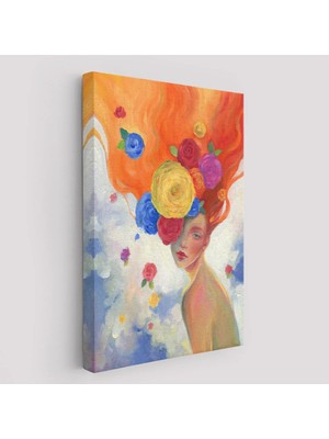 Beta Moda Hub Çiçek Saçlı Kadın Yağlıboya Görünüm Dekoratif Kanvas Duvar Tablosu-