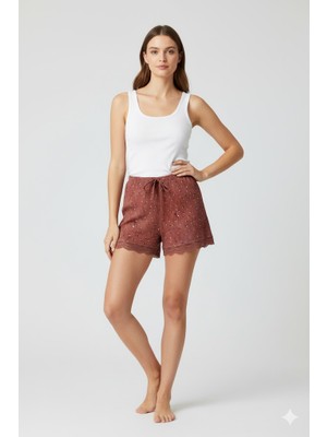 Aesco Düz Renk Mini Çiçek Desenli Penye Kadın Ev Şortu Bacak Dantel Detaylı Ev Giyim Taba
