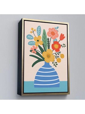 Beta Moda Hub Ahşap Çerçeveli Minimalist Çiçek Mavi Vazoda Renkli Buket Tablosu-