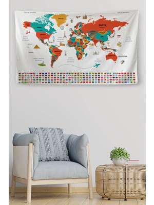 Beta Moda Hub Duvar Örtüsü Bayrak Detaylı Türkçe Güncel Dünya Haritası Kanvas Duvar Halısı-
