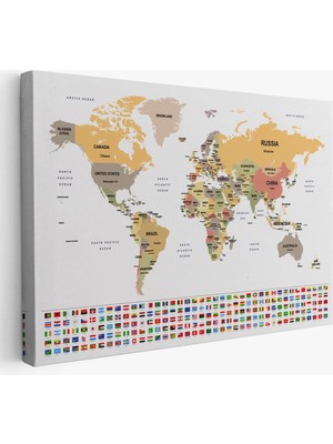Beta Moda Hub Dünya Haritası Ülke Bayraklı ve Dekoratif Kanvas Tablo