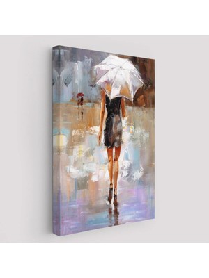 Beta Moda Hub Yağmurda Yürüyen Kadın Yağlıboya Görünüm Dekoratif Kanvas Duvar Tablosu-