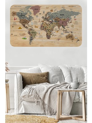 Beta Moda Hub Ahşap Görünümlü Türkçe Eğitici Detaylı Atlası Dünya Haritası Duvar STICKER-85X130-3844