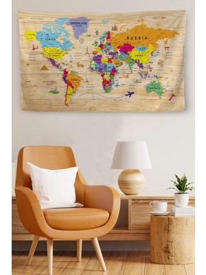 Beta Moda Hub Duvar Örtüsü / Halısı Detaylı Güncel Ingilizce Dünya Haritası Kaliteli Kanvas Kumaş-