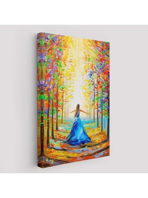 Beta Moda Hub Renkli Ormanda Yürüyen Mavi Elbiseli Kadın Tablosu-