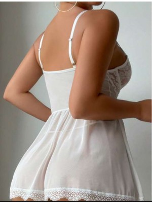 Bleu Petite Ince Askı Fırfırlı Şık Kadın Gecelik ve Külot