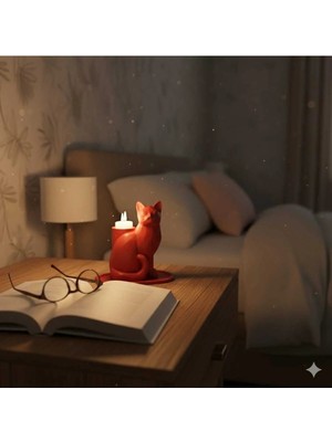 Beta Moda Hub Kırmızı Mozaik Dekoratif Kedi Biblo LED Mumlu Şık Ev Ofis Masa Üstü Aksesuar Mumluk (Led Mum Hediye)