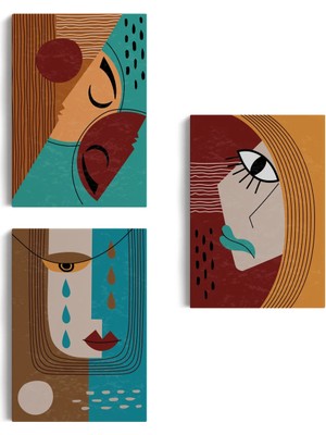 Beta Moda Hub Yaratıcı Soyut Geometrik 3'lü Portre Seti Kanvas Duvar Tablosu-Ad-