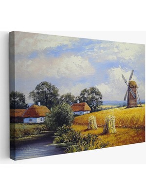 Beta Moda Hub Kopya - Buğday Tarlası ve Değirmen Yağlıboya Görünüm Dekoratif Kanvas Duvar Tablosu-