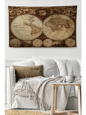 Beta Moda Hub Duvar Örtüsü Eski Wintage Dünya Haritası Kaliteli Kanvas Duvar Halısı-
