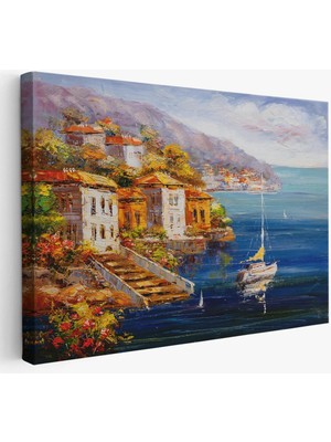 Beta Moda Hub Yunanistan Harbor View Manzaralı Yağlıboya Görünüm Dekoratif Kanvas Duvar Tablosu-