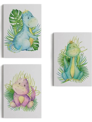 Beta Moda Hub 3’lü Tablo Sevimli Dinozor Dekoratif Duvar Tablo Seti-Bz-