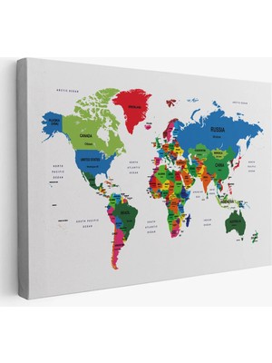 Beta Moda Hub Dünya Haritası Dekoratif Kanvas Tablo Ülke ve Başkentli