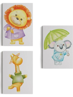Beta Moda Hub 3’lü Tablo Şirin Hayvanlar Temalı Dekoratif Duvar Tablo Seti-Cb-
