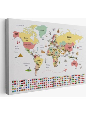 Beta Moda Hub Dünya Haritası Ülke Bayraklı ve Başkentli Kanvas Tablo