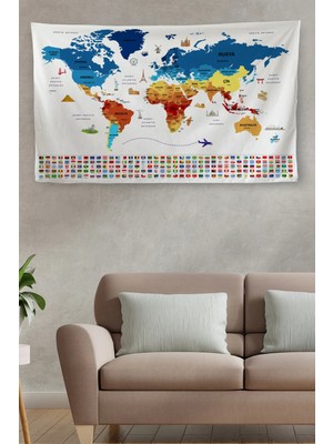 Beta Moda Hub Duvar Örtüsü Bayrak Detaylı Türkçe Güncel Dünya Haritası Kanvas Duvar Halısı-