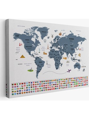 Beta Moda Hub Dünya Haritası Ülke Bayraklı ve Başkentli Kanvas Tablo