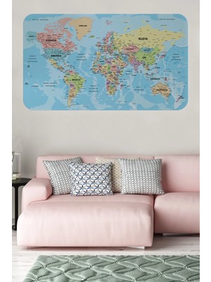 Beta Moda Hub Türkçe Eğitici Ülke ve Başkent Okyanus Detaylı Atlası Dünya Haritası Duvar Sticker -85X130-3869
