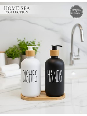 Veyla Style 2'li Sıvı Sabun ve Bulaşık Deterjanı Seti 500 ml Hacimli Bambu Kapak ve Ahşap Standlı