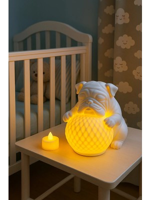 Beta Moda Hub Bulldog Tasarımlı 3D Dekoratif Masa Lambası, Estetik Çocuk Odası Gece Lambası, Tealight 25 x 25 cm