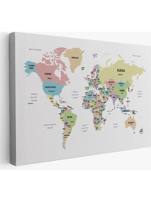 Beta Moda Hub Dünya Haritası Dekoratif Kanvas Tablo Ülke ve Başkentli