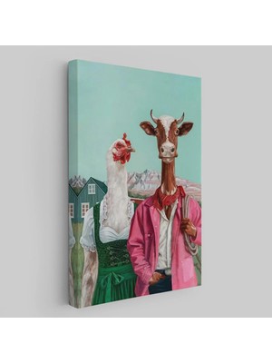 Beta Moda Hub Tavuk ve Inek Amerikan Gotik Komik Çiftlik Tablosu-