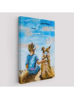 Beta Moda Hub Göl Kenarında Oturan Çocuk ve Köpeği Duvar Tablo-