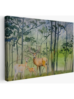 Beta Moda Hub Geyik Ailesi Suluboya Görünüm Dekoratif Kanvas Duvar Tablosu-