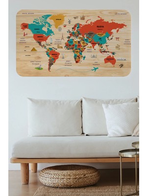 Beta Moda Hub Ahşap Görünümlü Türkçe Eğitici Detaylı Atlası Dünya Haritası Duvar STICKER-85X130-3867