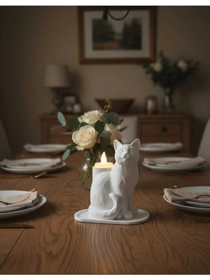 Beta Moda Hub Beyaz Mozaik Dekoratif Kedi Biblo LED Mumlu Şık Ev Ofis Masa Üstü Aksesuar Mumluk (Led Mum Hediye)