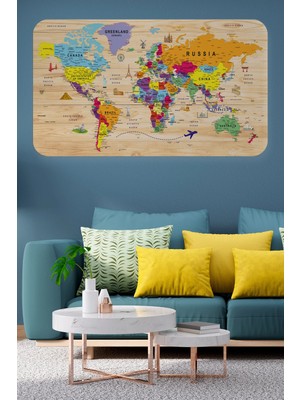 Beta Moda Hub Ahşap Görünümlü Eğitici Detaylı Atlası Dünya Haritası Duvar STICKER-85X130-3842