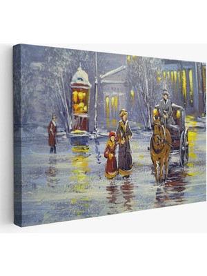 Beta Moda Hub Eski Şehir ve At Arabası Yağlıboya Görünüm Dekoratif Kanvas Duvar Tablosu-