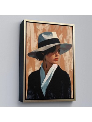 Beta Moda Hub Ahşap Çerçeveli Beyaz Şapkalı Soyut Kadın Tablo-