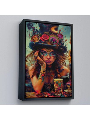 Beta Moda Hub Ahşap Çerçeveli Sürreal Dövmeli Hippi Kadın Tablo-