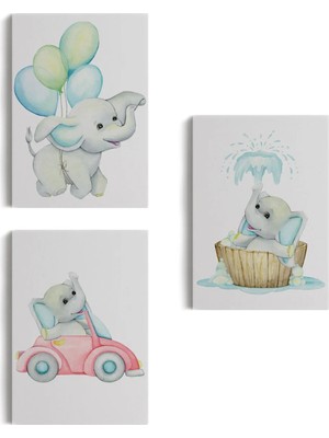 Beta Moda Hub 3’lü Tablo Sevimli Küçük Fil Temalı Dekoratif Duvar Tablo Seti-Bk-