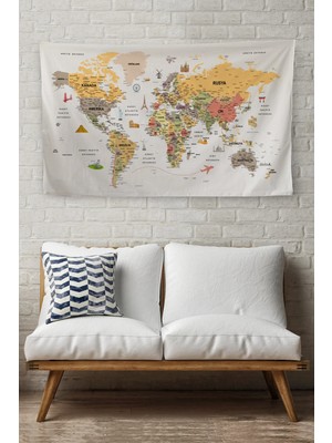Beta Moda Hub Duvar Örtüsü / Halısı Detaylı Türkçe Güncel Dünya Haritası Kaliteli Kanvas Kumaş-