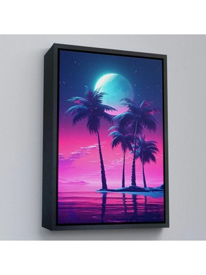 Beta Moda Hub Ahşap Çerçeveli Geceyarısı Palmıye Ağaçları Manzarası Tablo-