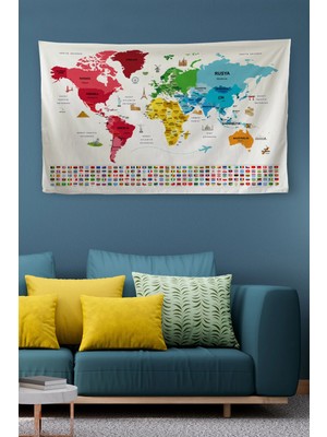 Beta Moda Hub Duvar Örtüsü / Halısı Bayrak Detaylı Türkçe Güncel Dünya Haritası -