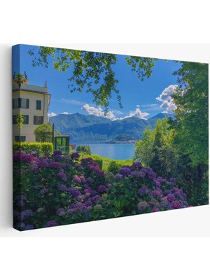 Beta Moda Hub Mor Çiçekler Arasındaki Göl Manzaralı Ev Duvar Tablosu-