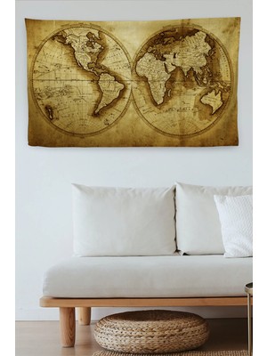 Beta Moda Hub Duvar Örtüsü Eski Wintage Dünya Haritası Kaliteli Kanvas Duvar Halısı-