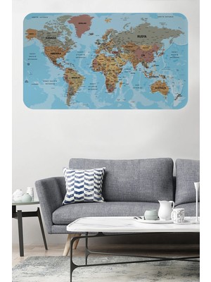 Beta Moda Hub Türkçe Eğitici Ülke ve Başkent Okyanus Detaylı Atlası Dünya Haritası Duvar Sticker -85X130-3849