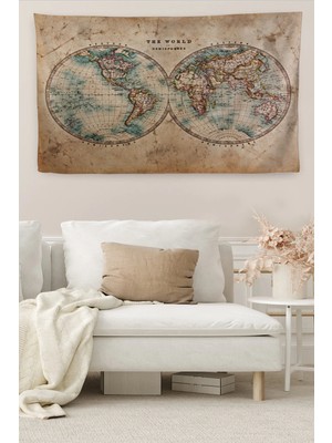 Beta Moda Hub Duvar Örtüsü Eski Wintage Dünya Haritası Kaliteli Kanvas Duvar Halısı-