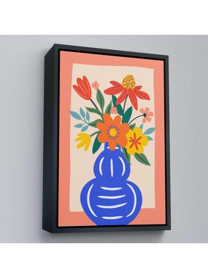Beta Moda Hub Ahşap Çerçeveli Minimalist Çiçek Mavi Vazoda Renkli Buket Tablosu-