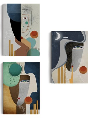 Beta Moda Hub Mavi Tonlu Gerçeküstü Zarif Kadınlar Duvar Tablosu Üçlü Set-Dr-