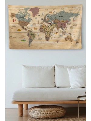 Beta Moda Hub Duvar Örtüsü / Halısı Güncel Türkçe Dünya Haritası Ahşap Görünümlü-