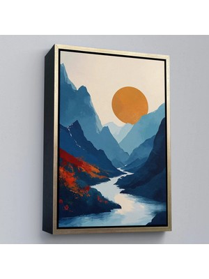 Beta Moda Hub Ahşap Çerçeveli Dağların Arasındaki Güneş Manzarası Tablo-