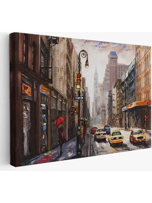 Beta Moda Hub New York Sokakları ve Sarı Taksi Yağlıboya Görünüm Tablo-