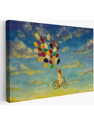 Beta Moda Hub Renkli Balonlar Ile Uçan Bisikletli Kız Kanvas Tablo-